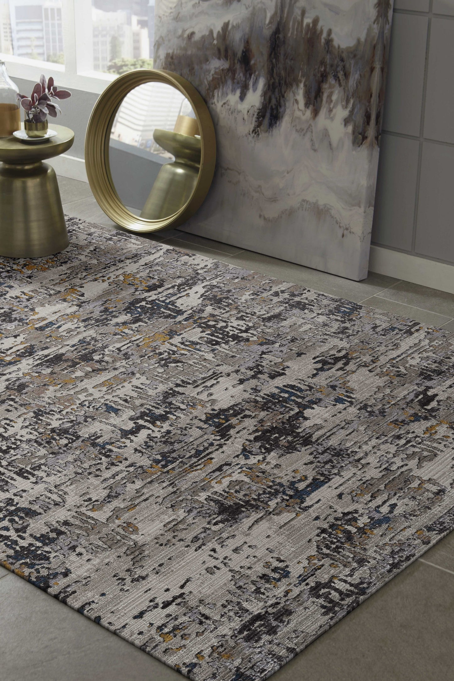 5' X 8' Gray Black And Gold Abstract Distressed Area Rug