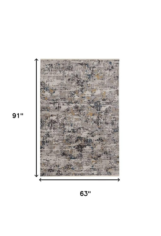 5' X 8' Gray Black And Gold Abstract Distressed Area Rug