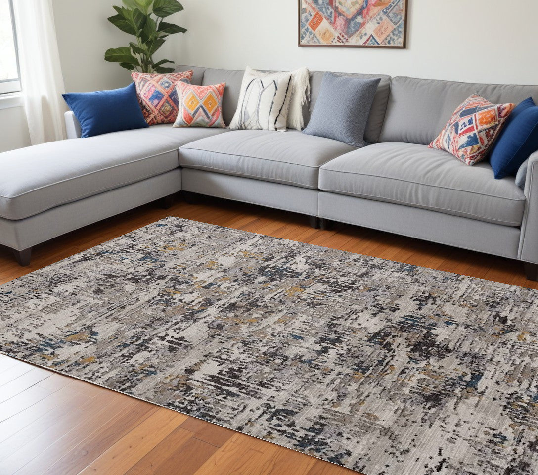 5' X 8' Gray Black And Gold Abstract Distressed Area Rug
