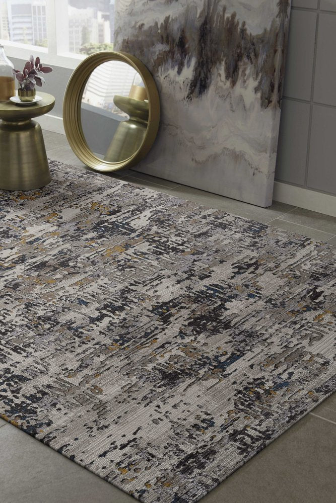 5' X 8' Gray Black And Gold Abstract Distressed Area Rug