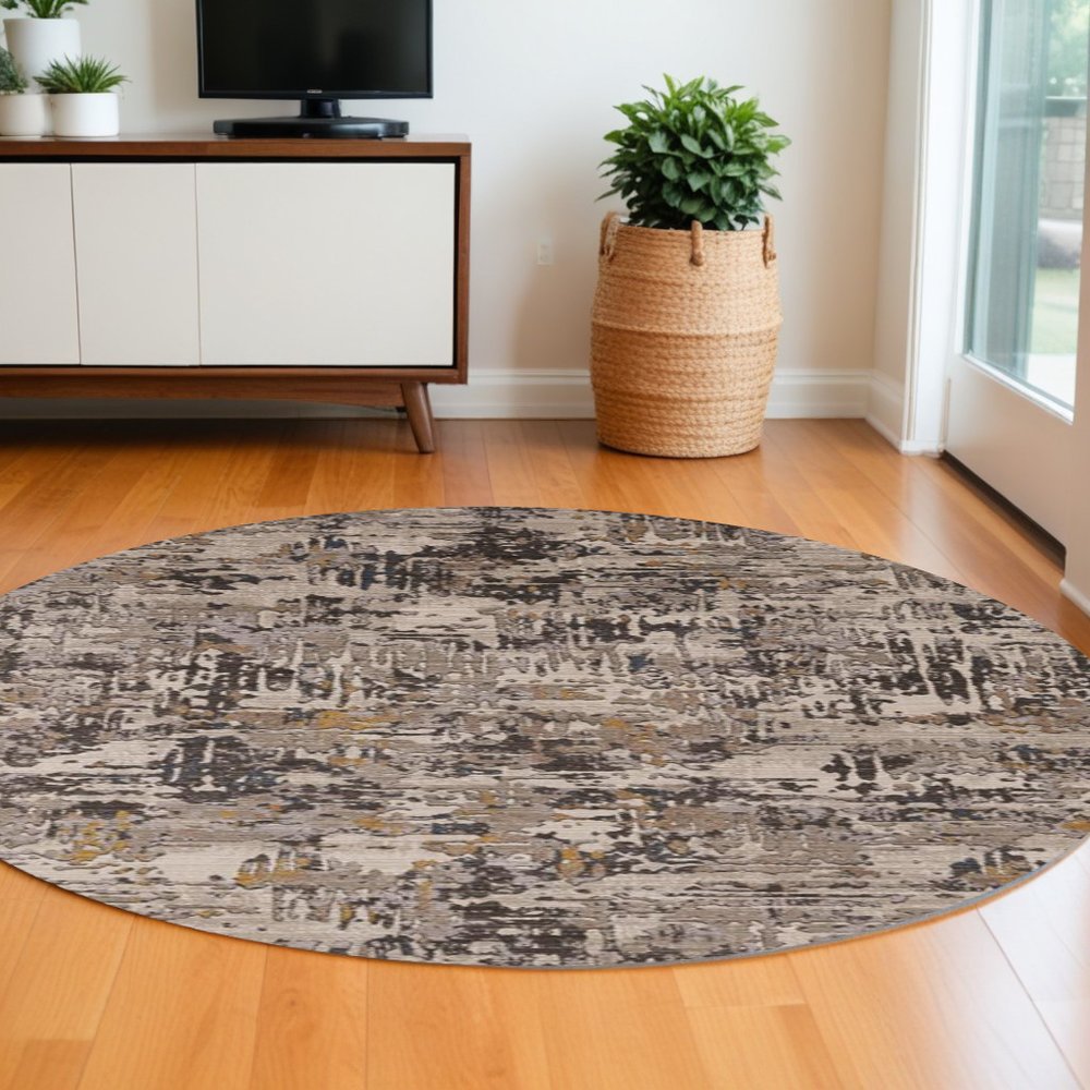 5' X 8' Gray Black And Gold Abstract Distressed Area Rug