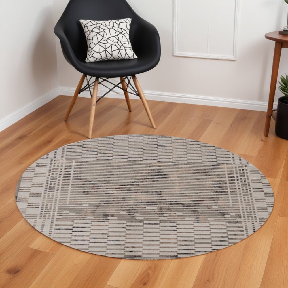 8' Beige And Brown Abstract Round Rug