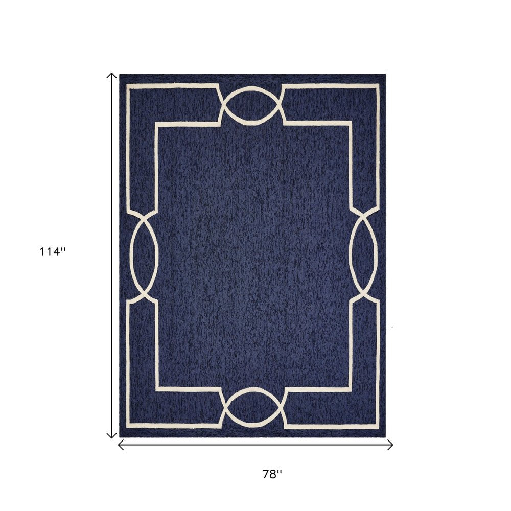 7' X 10' Blue And Ivory Geometric Hand Hooked Area Rug