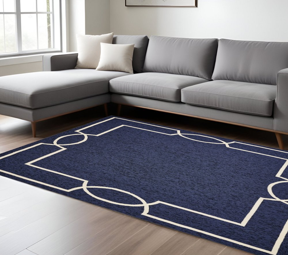 7' X 10' Blue And Ivory Geometric Hand Hooked Area Rug