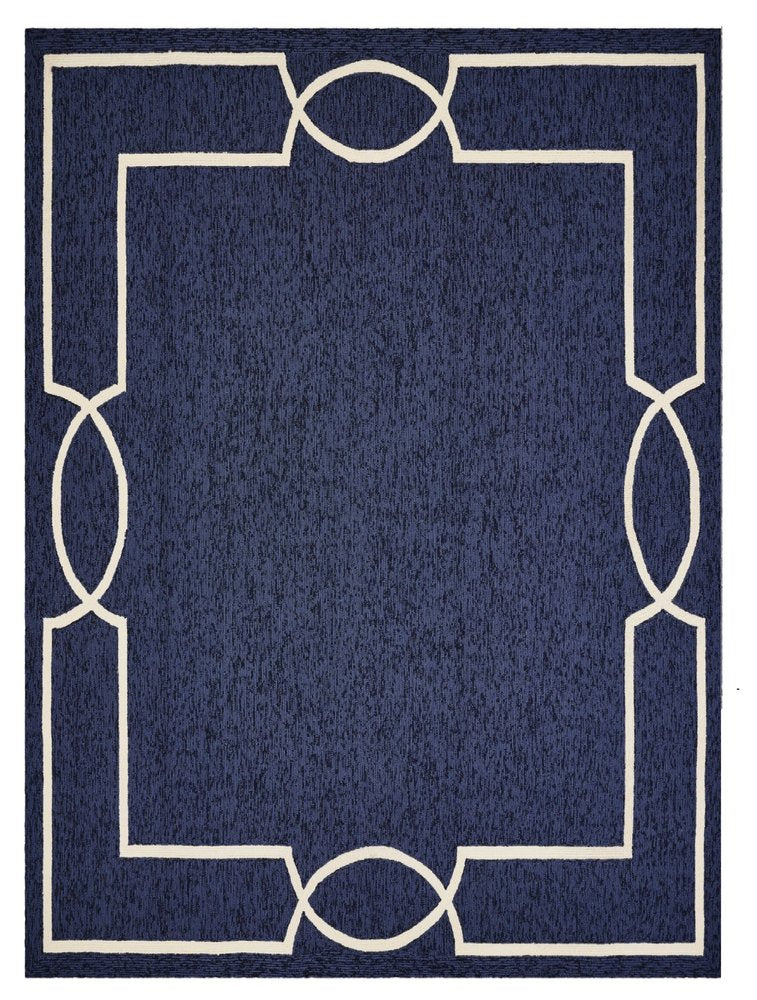 7' X 10' Blue And Ivory Geometric Hand Hooked Area Rug