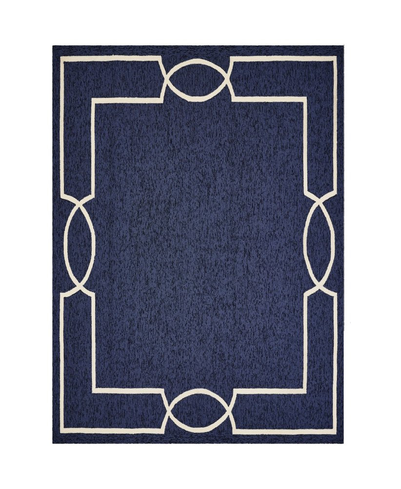 7' X 10' Blue And Ivory Geometric Hand Hooked Area Rug
