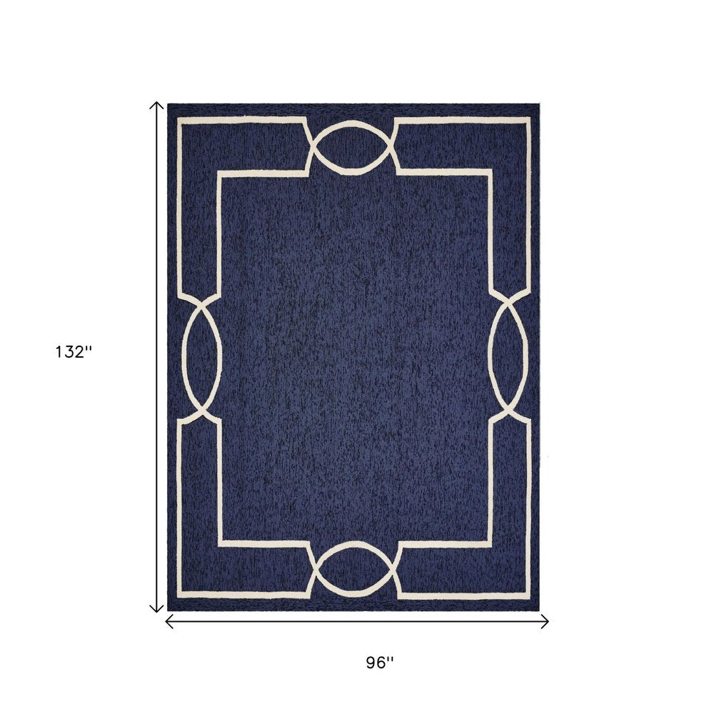 7' X 10' Blue And Ivory Geometric Hand Hooked Area Rug