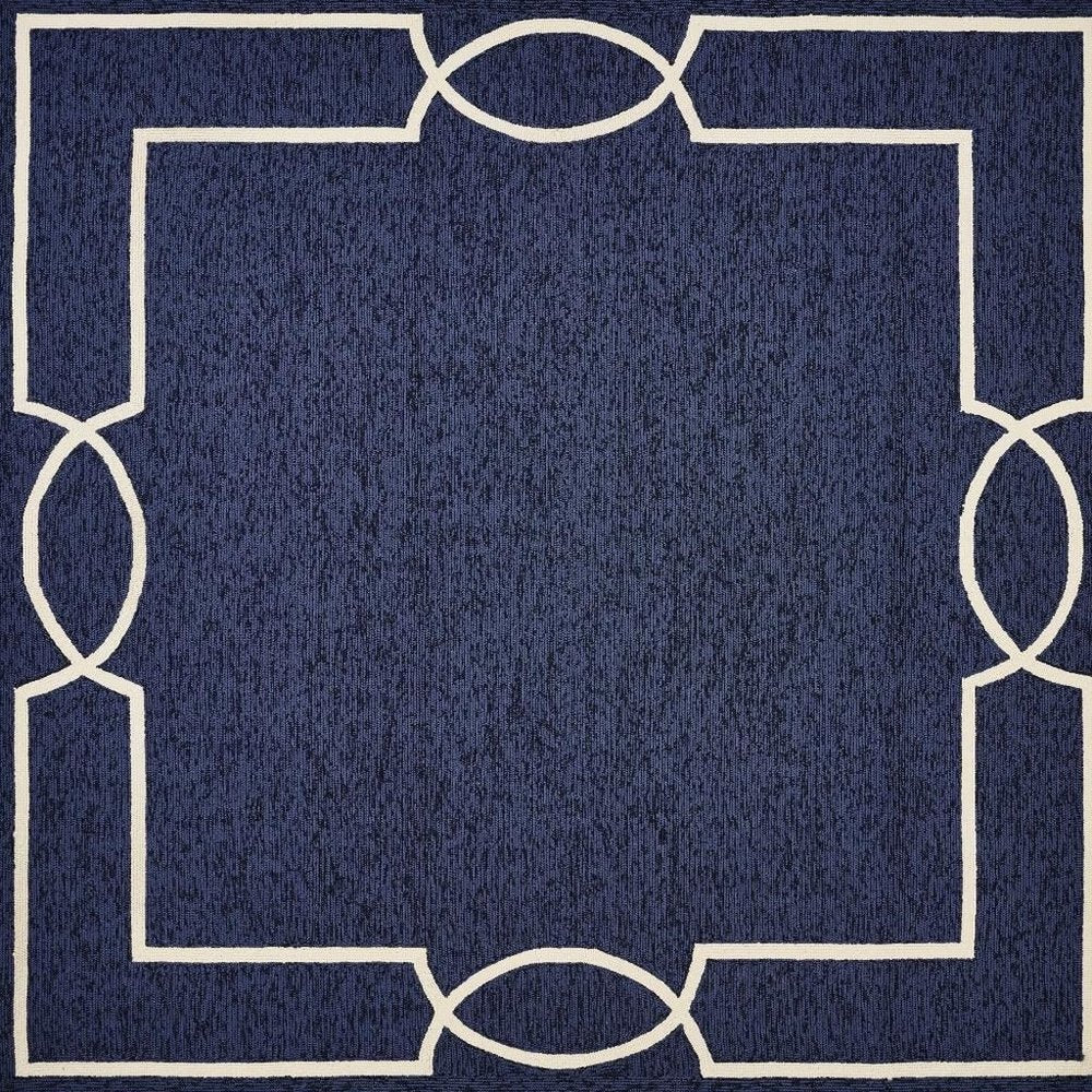 7' X 10' Blue And Ivory Geometric Hand Hooked Area Rug