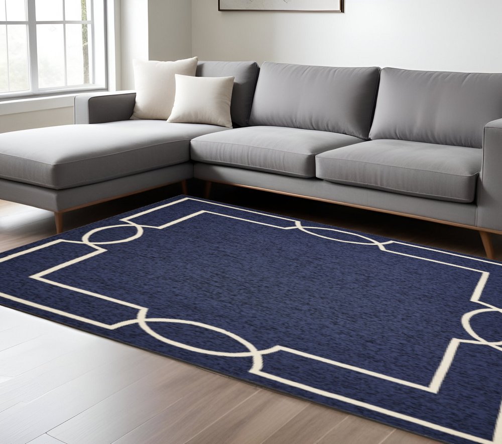 7' X 10' Blue And Ivory Geometric Hand Hooked Area Rug