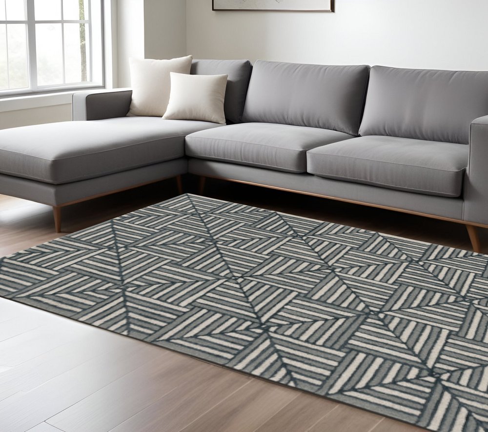 9' X 13' Beige and Charcoal Wool Geometric Hand Tufted Area Rug