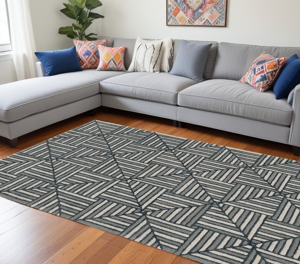 9' X 13' Beige and Charcoal Wool Geometric Hand Tufted Area Rug