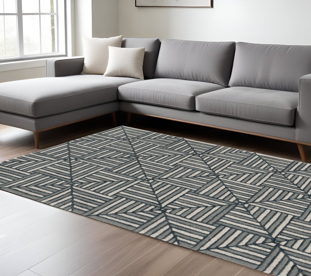 9' X 13' Beige and Charcoal Wool Geometric Hand Tufted Area Rug