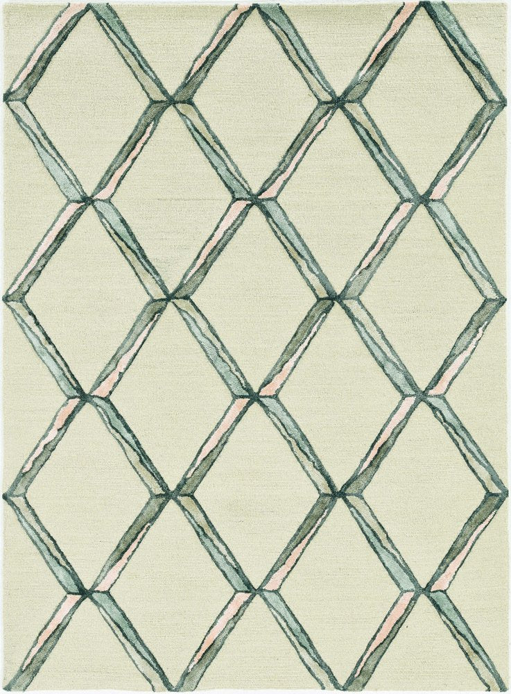 8' Cream And Aqua Wool Geometric Hand Tufted Runner Rug