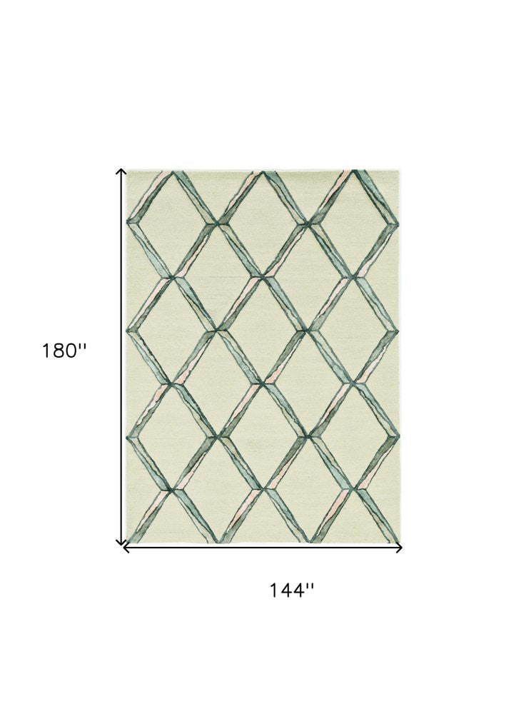 8' Cream And Aqua Wool Geometric Hand Tufted Runner Rug