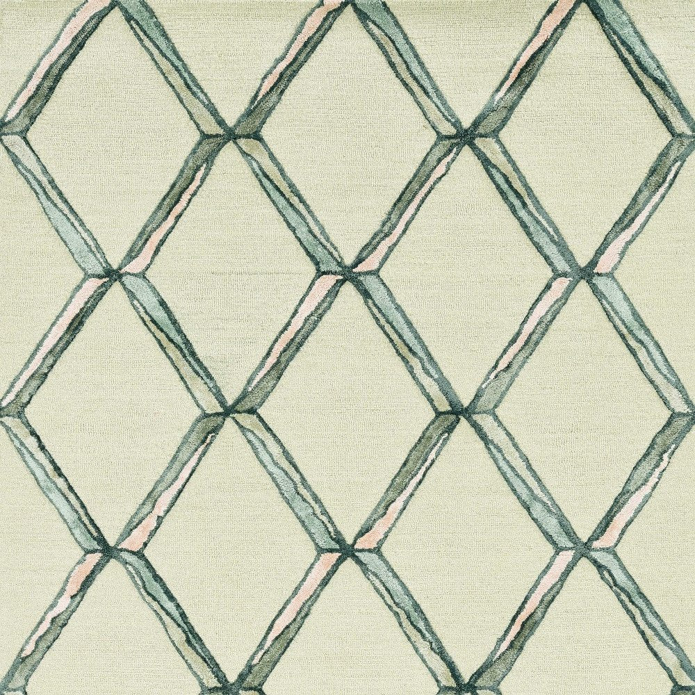 8' Cream And Aqua Wool Geometric Hand Tufted Runner Rug
