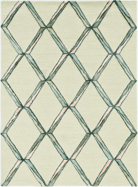 8' Cream And Aqua Wool Geometric Hand Tufted Runner Rug