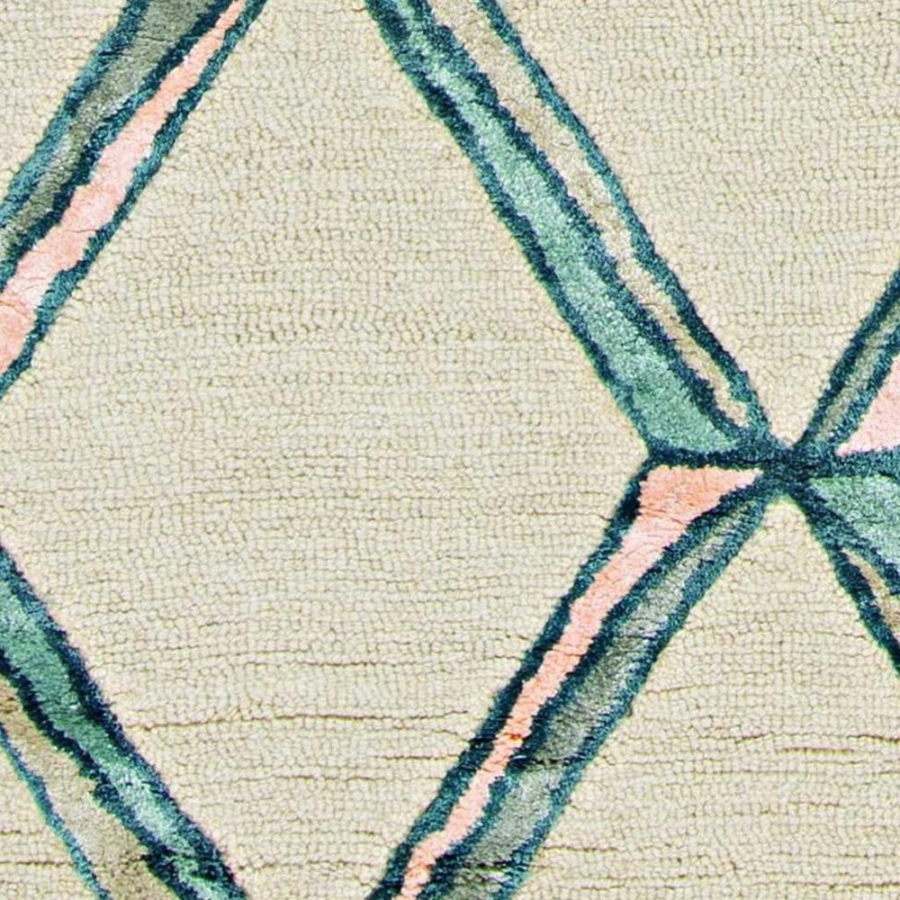 8' Cream And Aqua Wool Geometric Hand Tufted Runner Rug