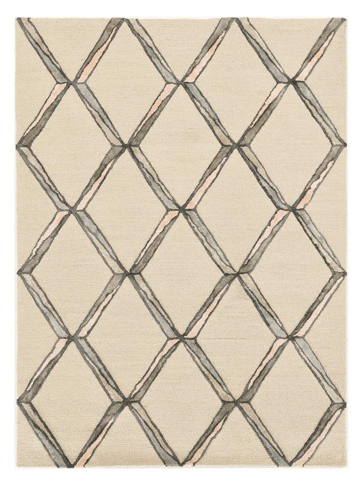 8' Cream And Aqua Wool Geometric Hand Tufted Runner Rug