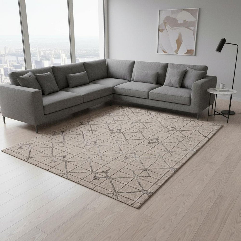 7' X 10' Ivory And Brown Geometric Area Rug