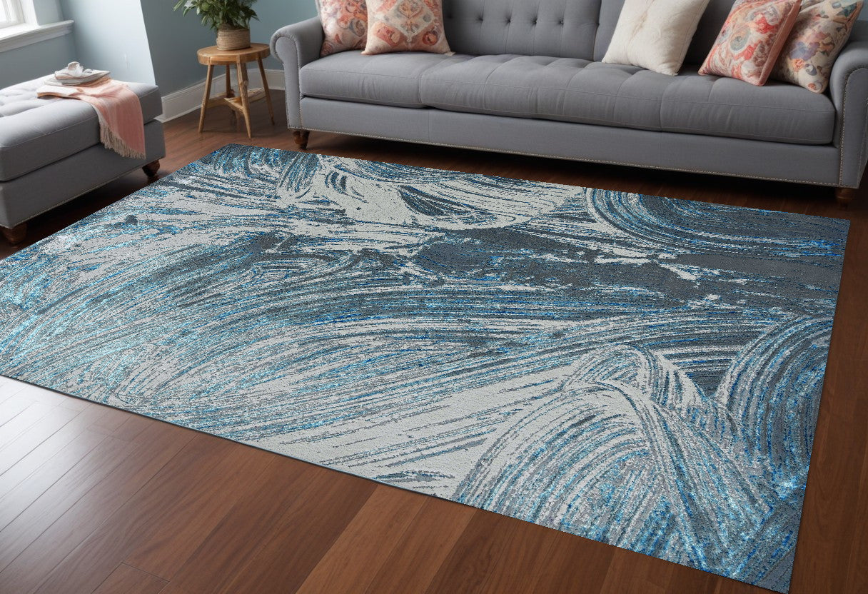 3' X 5' Silver Or Blue Abstract Brushstrokes Area Rug