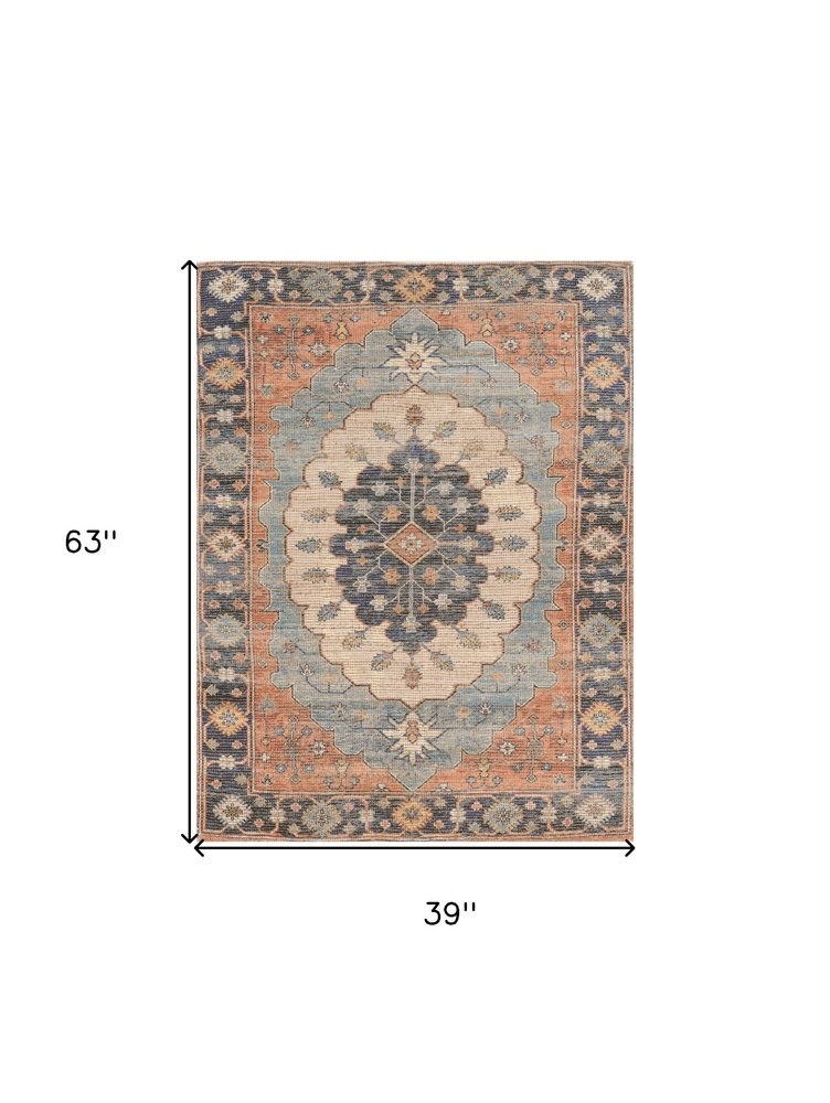 5' X 7' Blue Orange And Black Jute Medallion Hand Woven Area Rug