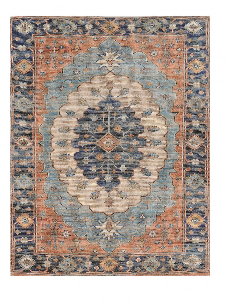 5' X 7' Blue Orange And Black Jute Medallion Hand Woven Area Rug