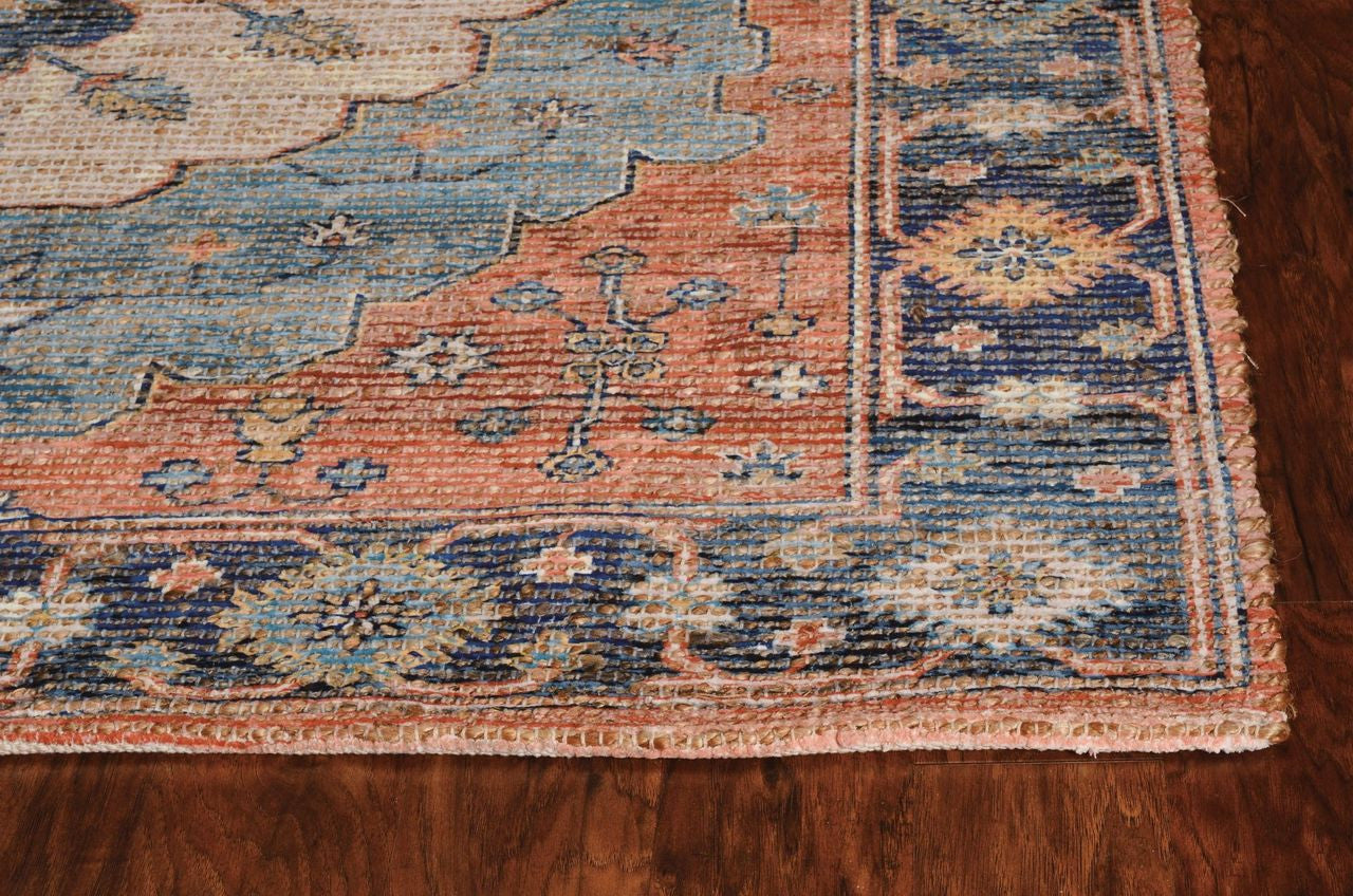 5' X 7' Blue Orange And Black Jute Medallion Hand Woven Area Rug