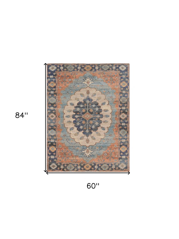 5' X 7' Blue Orange And Black Jute Medallion Hand Woven Area Rug