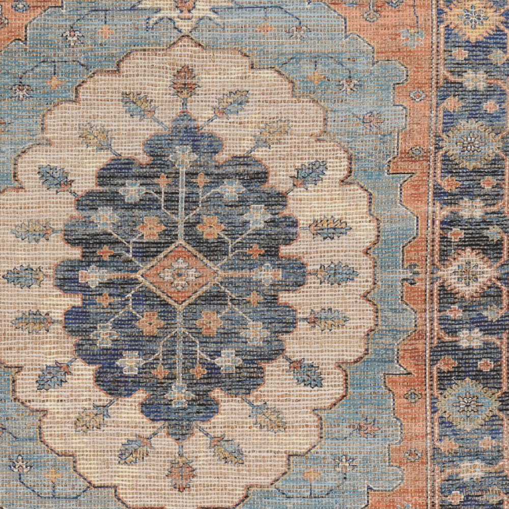 5' X 7' Blue Orange And Black Jute Medallion Hand Woven Area Rug