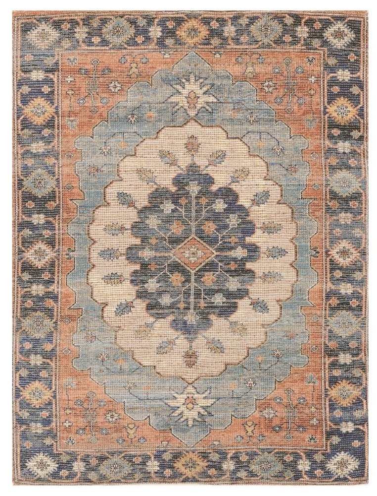 5' X 7' Blue Orange And Black Jute Medallion Hand Woven Area Rug
