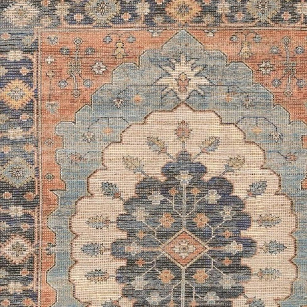 5' X 7' Blue Orange And Black Jute Medallion Hand Woven Area Rug