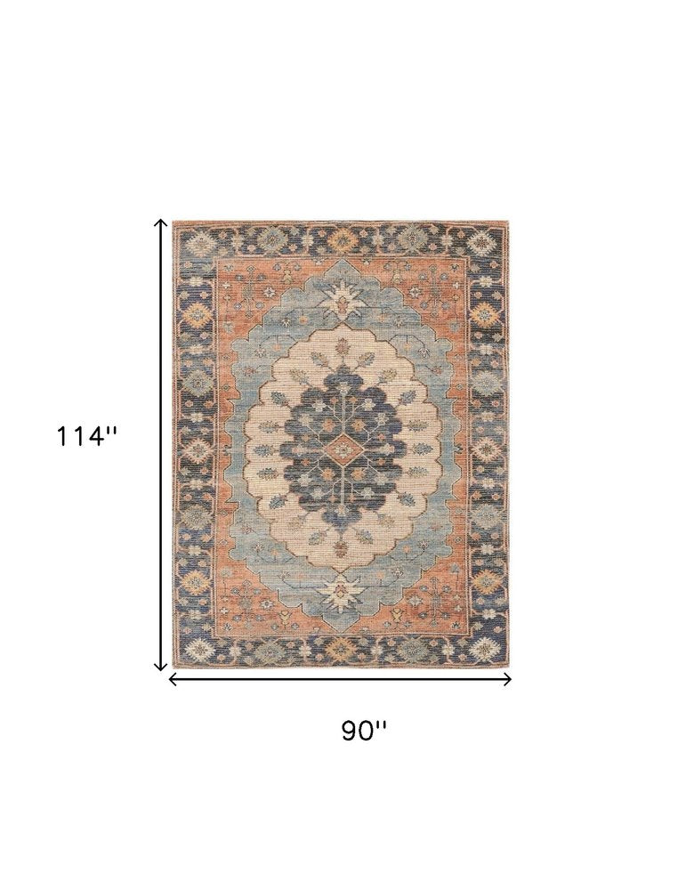 5' X 7' Blue Orange And Black Jute Medallion Hand Woven Area Rug