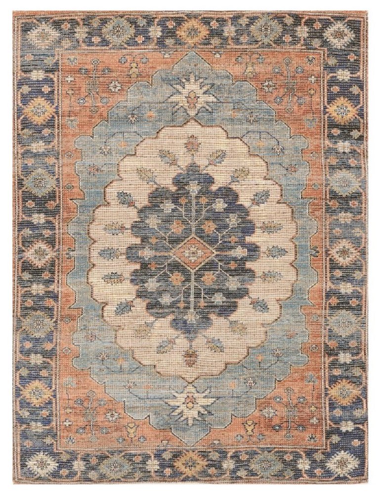 5' X 7' Blue Orange And Black Jute Medallion Hand Woven Area Rug