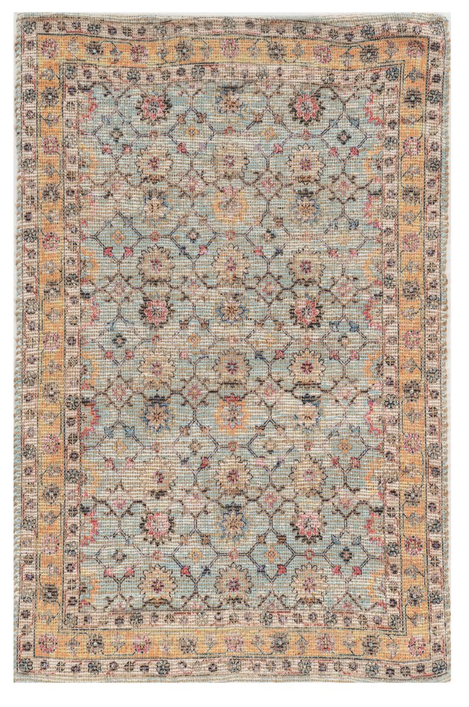5' X 7' Blue And Beige Jute Floral Hand Woven Area Rug