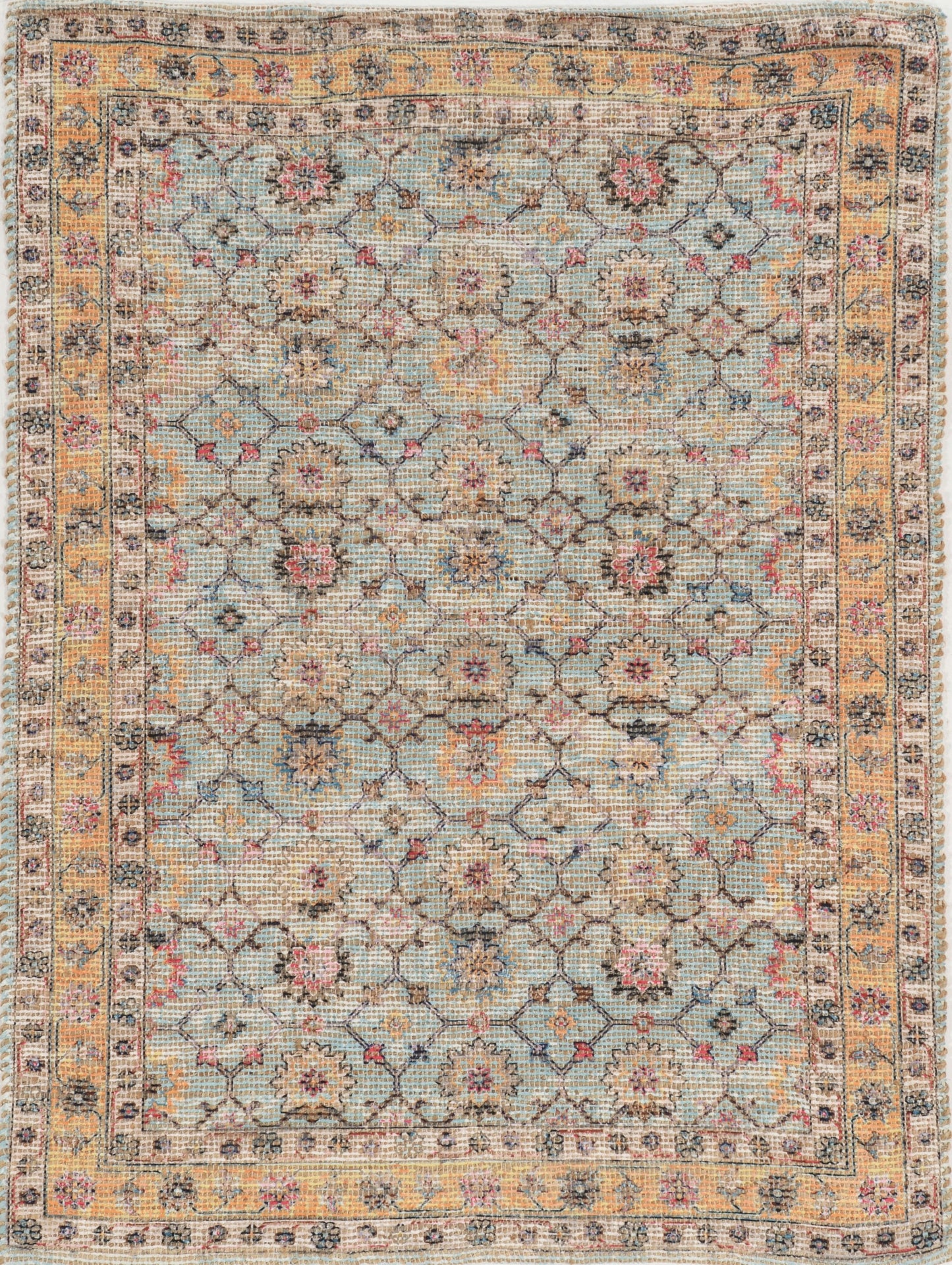 5' X 7' Blue And Beige Jute Floral Hand Woven Area Rug