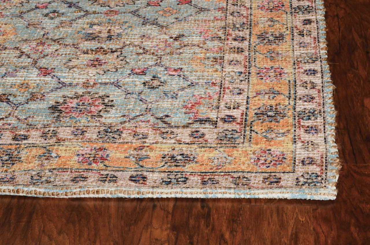 5' X 7' Blue And Beige Jute Floral Hand Woven Area Rug