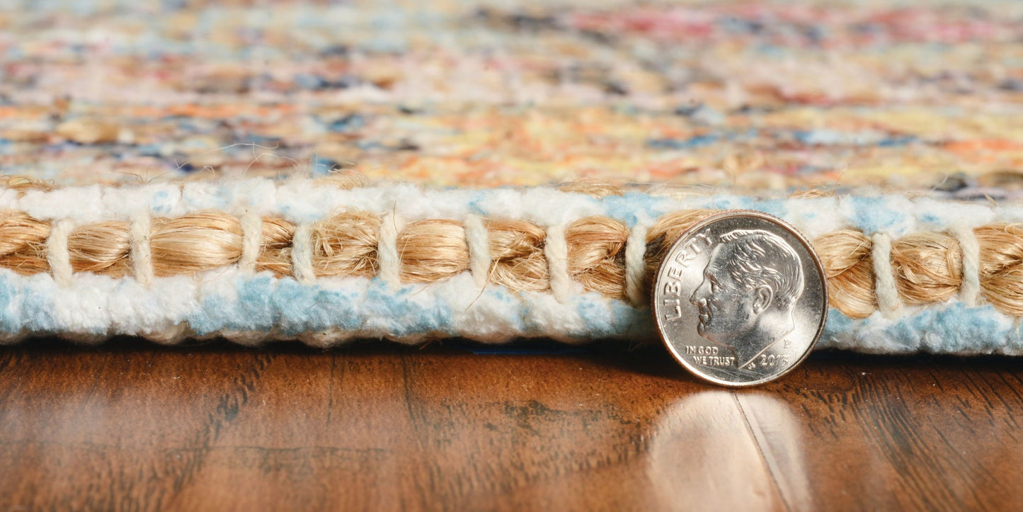 5' X 7' Blue And Beige Jute Floral Hand Woven Area Rug