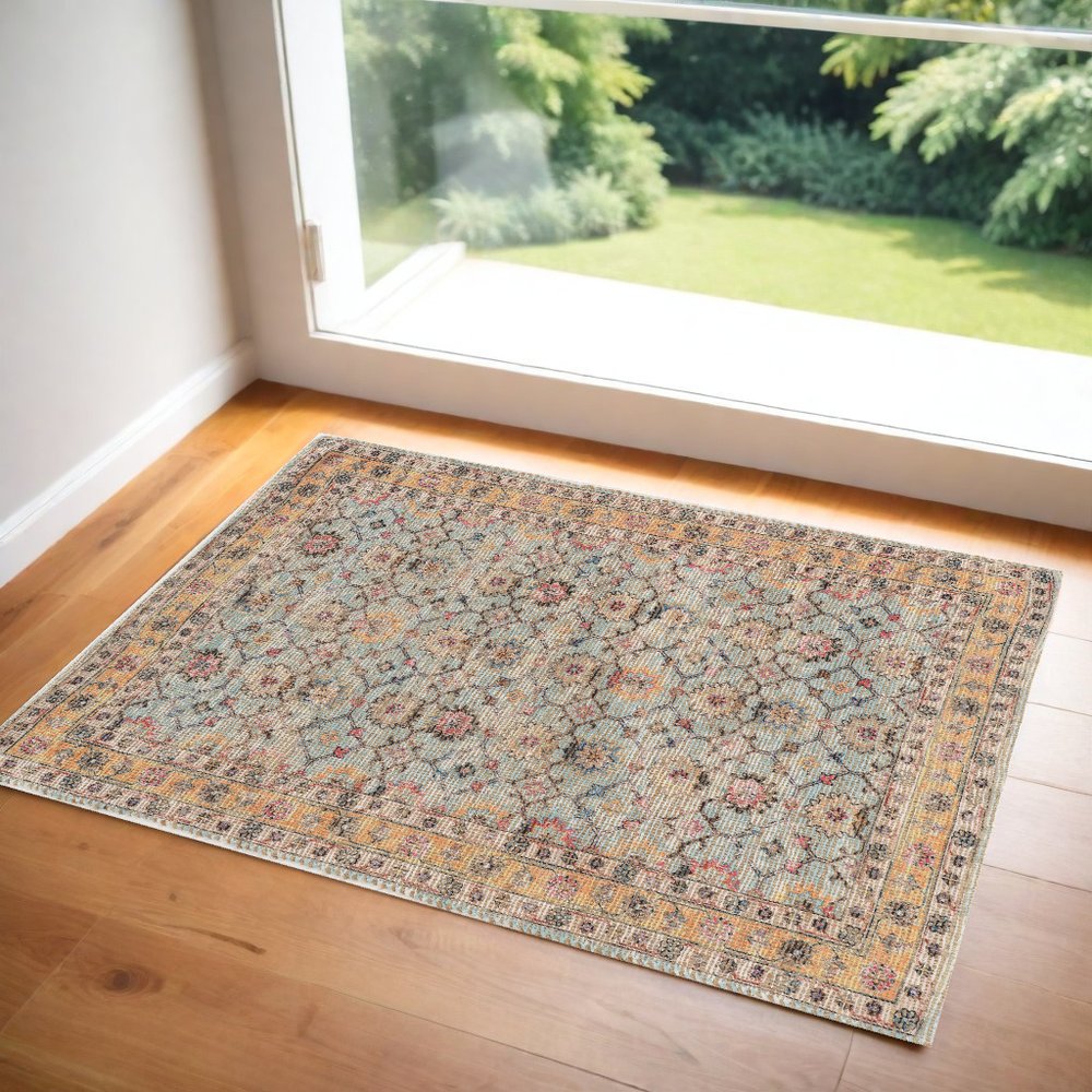5' X 7' Blue And Beige Jute Floral Hand Woven Area Rug