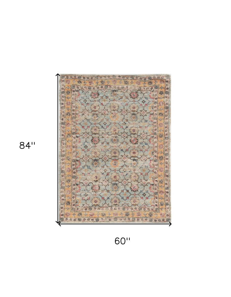 5' X 7' Blue And Beige Jute Floral Hand Woven Area Rug