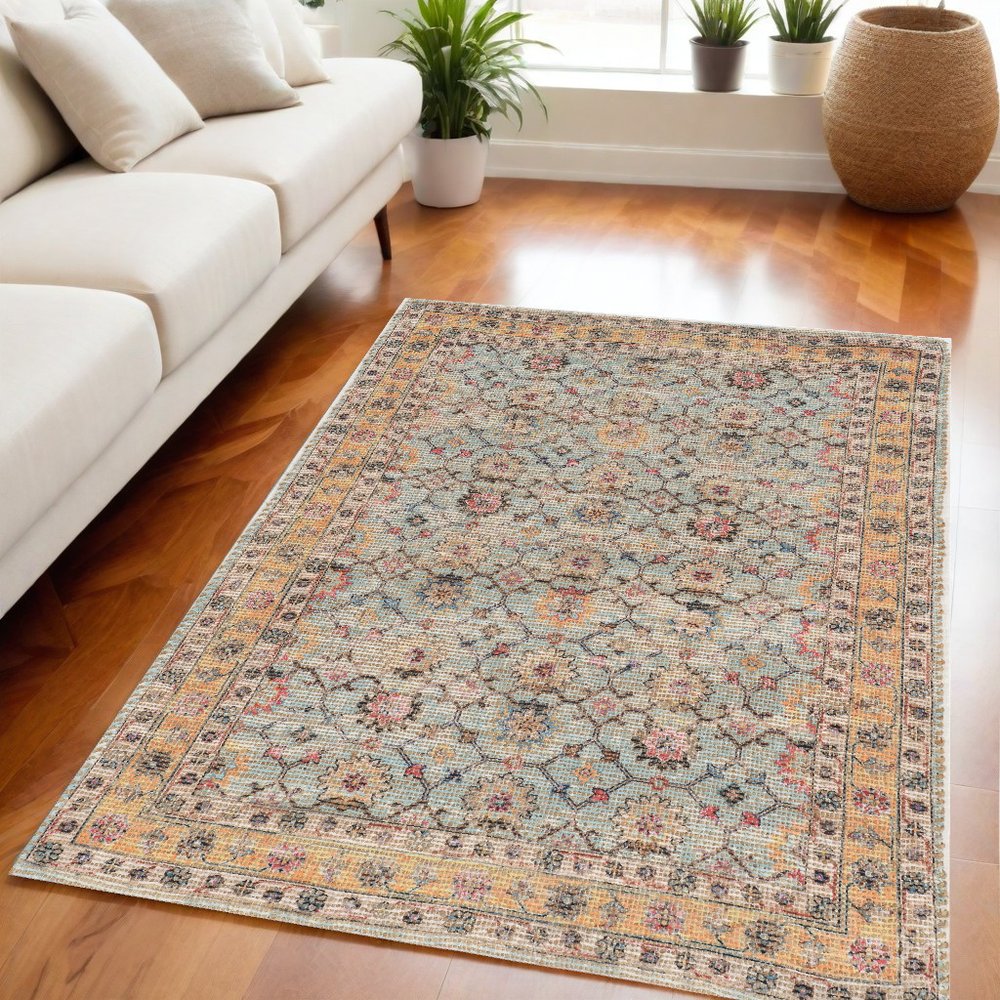 5' X 7' Blue And Beige Jute Floral Hand Woven Area Rug