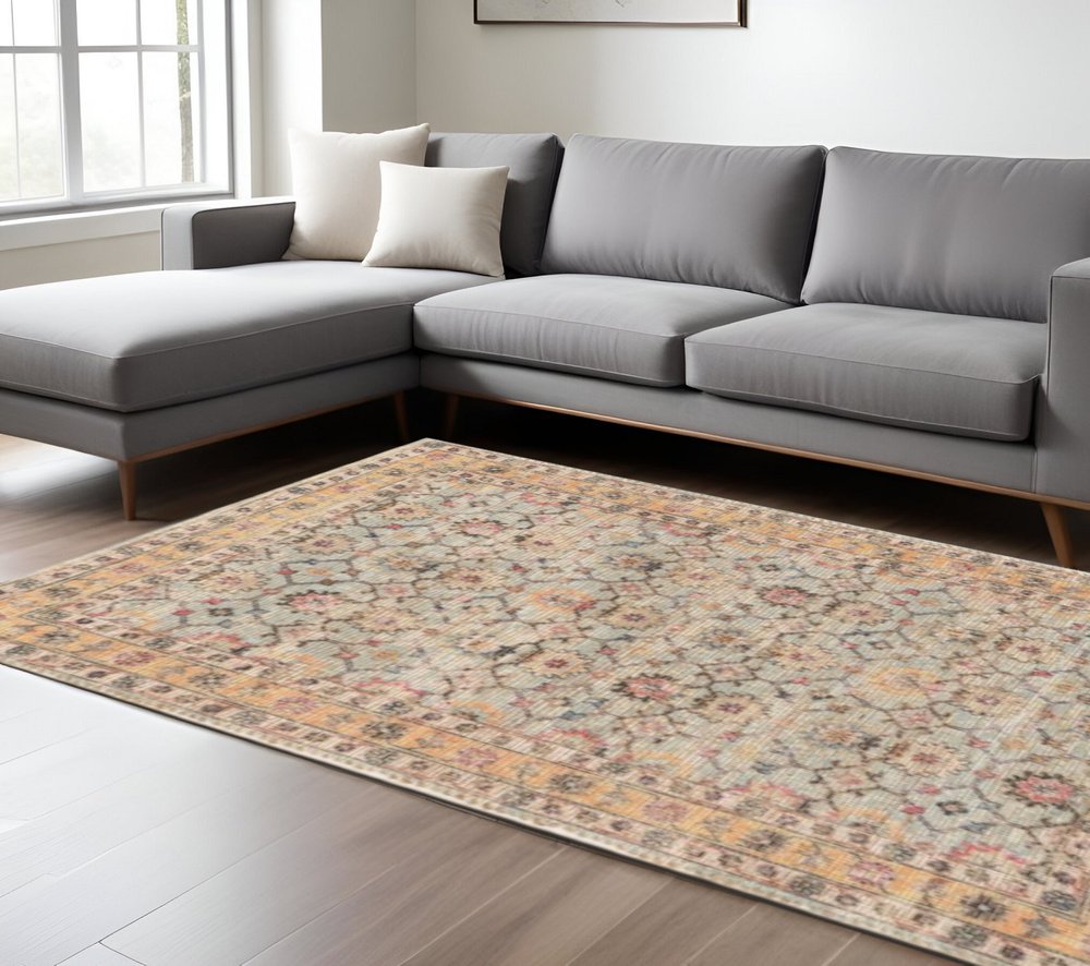 5' X 7' Blue And Beige Jute Floral Hand Woven Area Rug