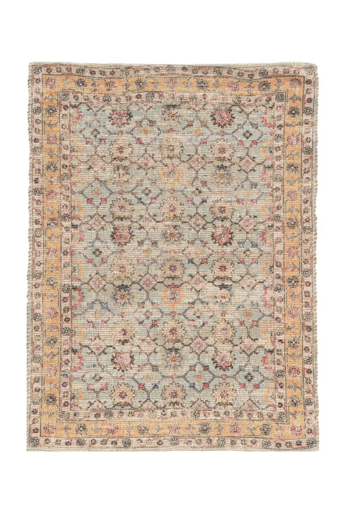 5' X 7' Blue And Beige Jute Floral Hand Woven Area Rug