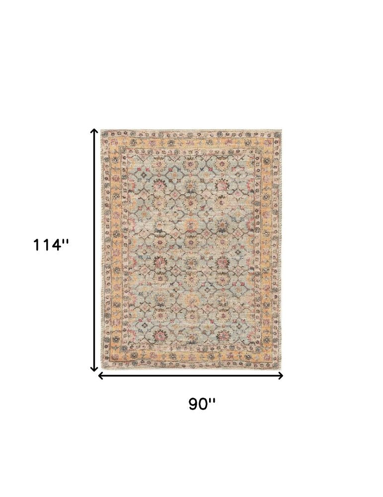 5' X 7' Blue And Beige Jute Floral Hand Woven Area Rug