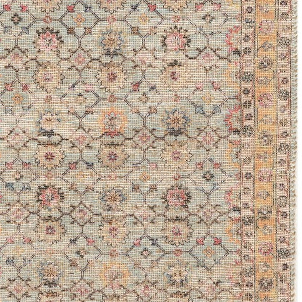 5' X 7' Blue And Beige Jute Floral Hand Woven Area Rug