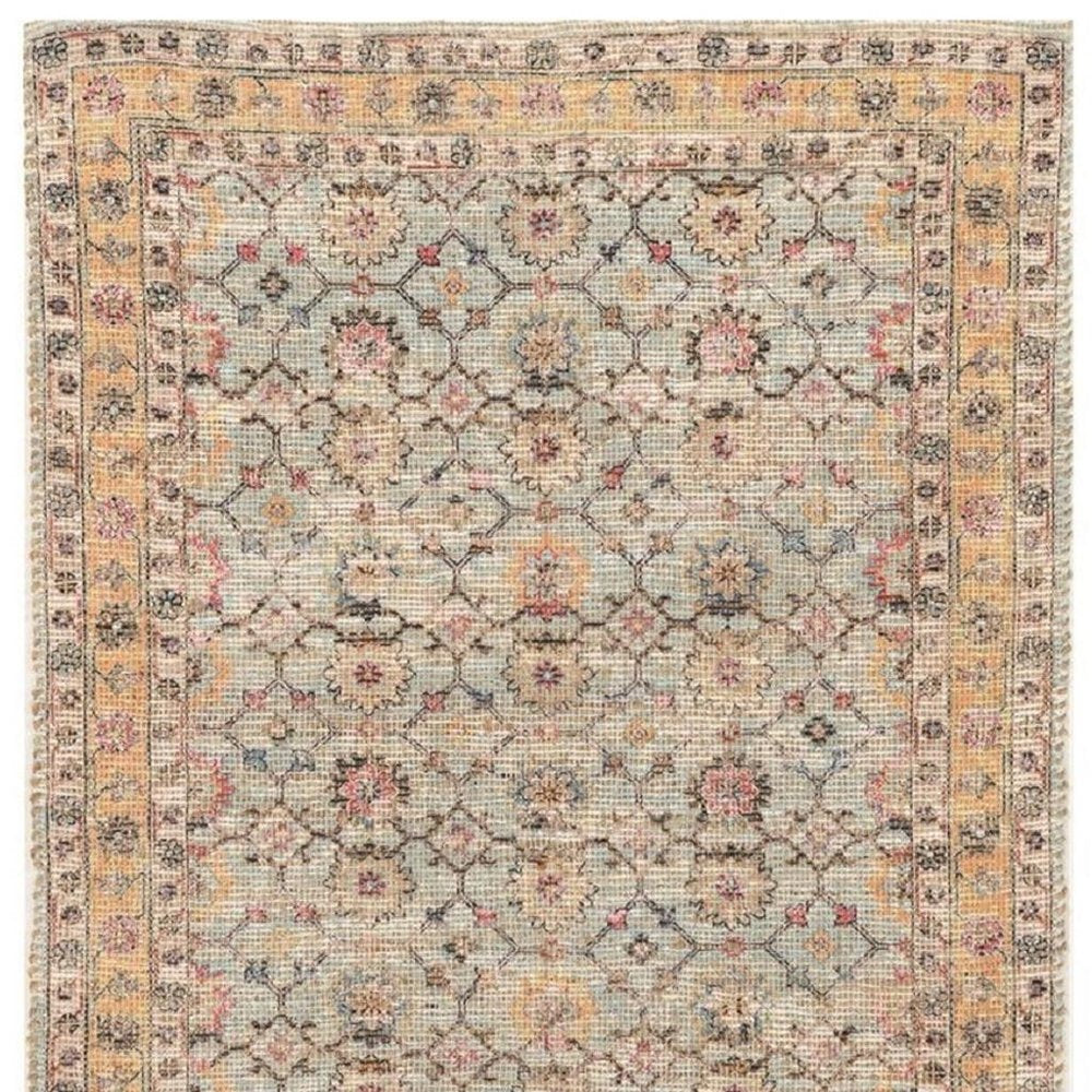5' X 7' Blue And Beige Jute Floral Hand Woven Area Rug