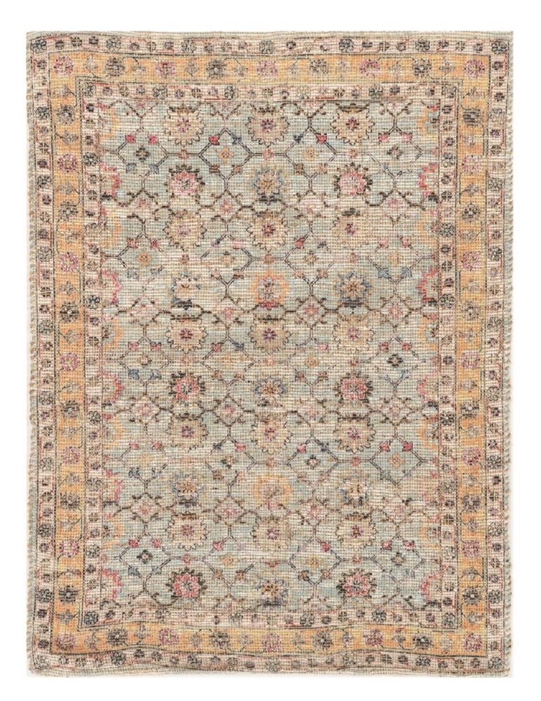 5' X 7' Blue And Beige Jute Floral Hand Woven Area Rug