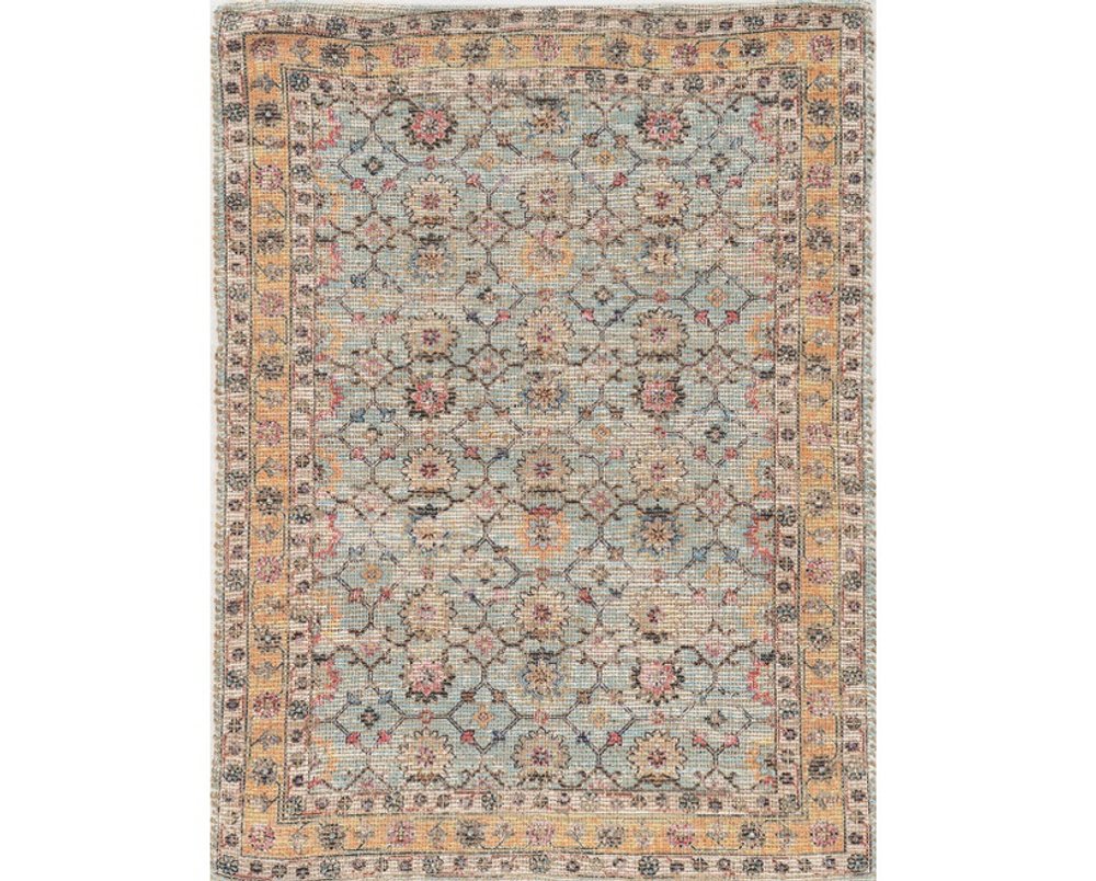 5' X 7' Blue And Beige Jute Floral Hand Woven Area Rug