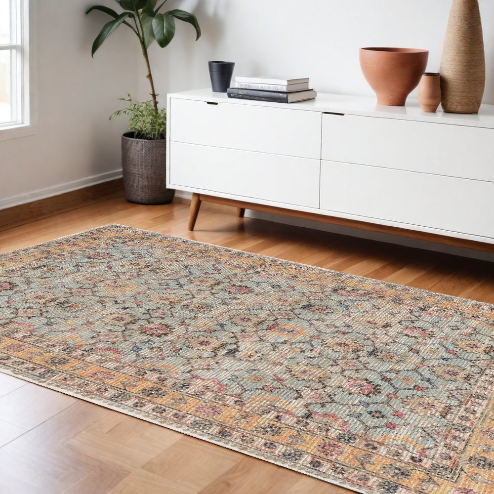 5' X 7' Blue And Beige Jute Floral Hand Woven Area Rug