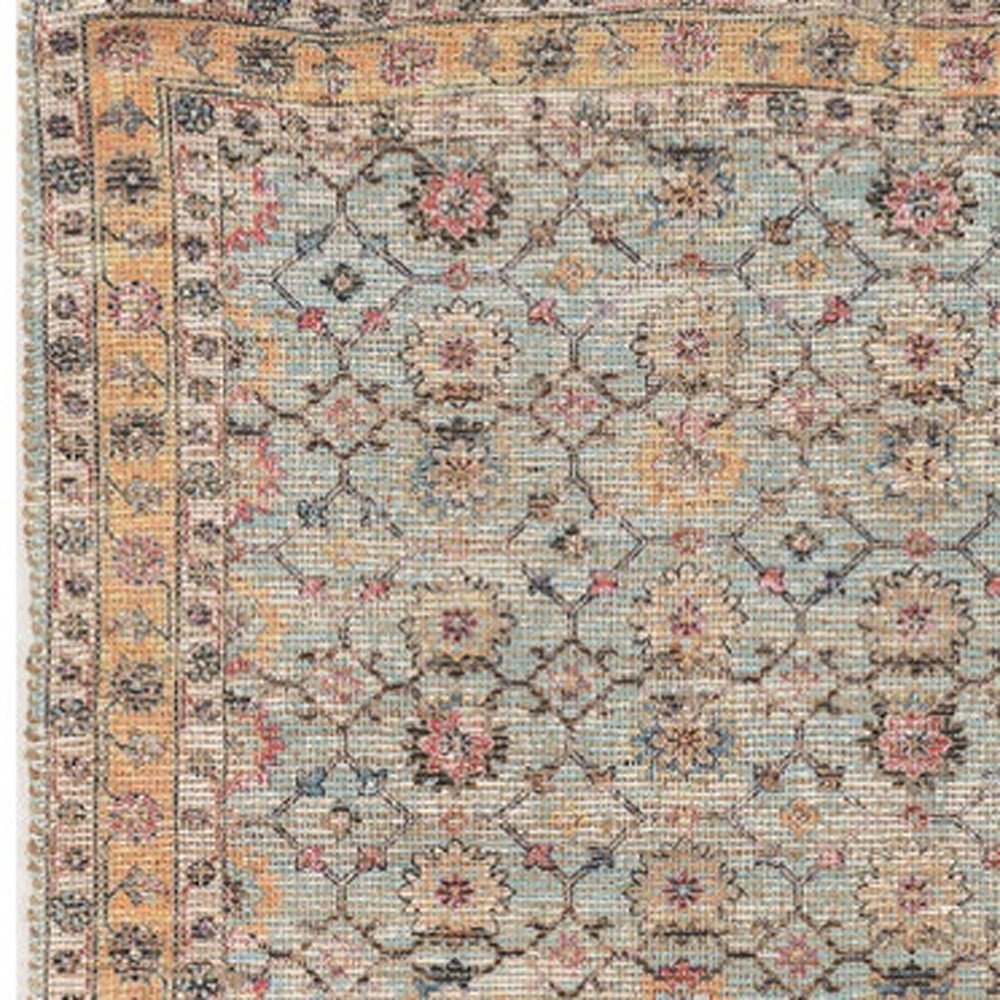 5' X 7' Blue And Beige Jute Floral Hand Woven Area Rug