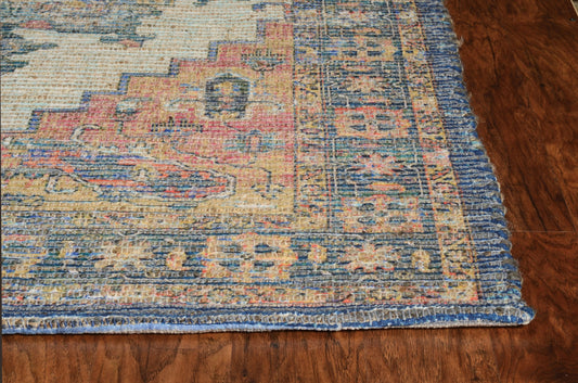 8' X 10' Blue Brick Red And Brown Medallion Hand Woven Distressed Area Rug